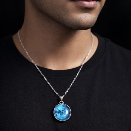 Silver Chain for Boys – Moonstone Glow in the Dark Round Pendant Necklace